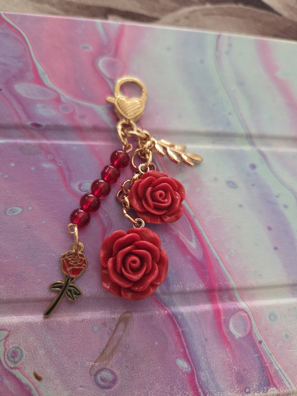 Gold-Tone Red Rose Charm Key & Card Holder Accessory
